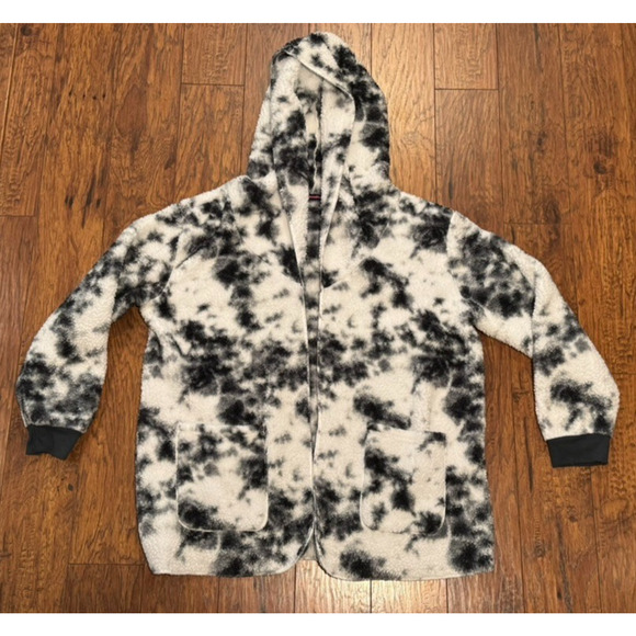 Weekending Sherpa Black/White Fleece Hooded Open Front Cardigan Long Sleeve - 2X - Picture 1 of 6